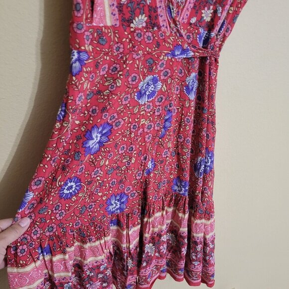 Zesica Womens Floral Midi Boho Wrap Short Sleeve Dress Gypsy Hippie Peasant M - Picture 4 of 7